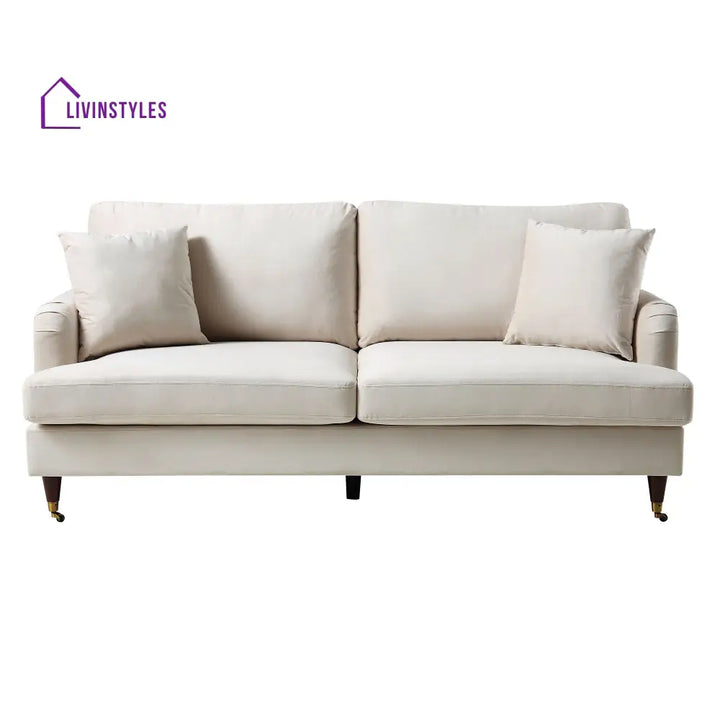 Brigette 3-Seater Beige Velvet Sofa with Antique Brass Castor Legs Sofas