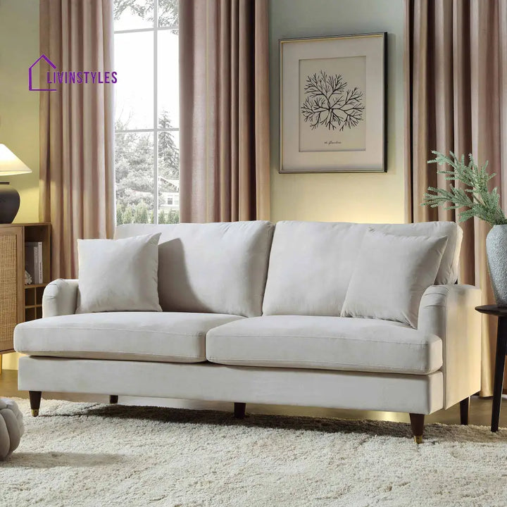 Brigette 3-Seater Beige Velvet Sofa with Antique Brass Castor Legs Sofas