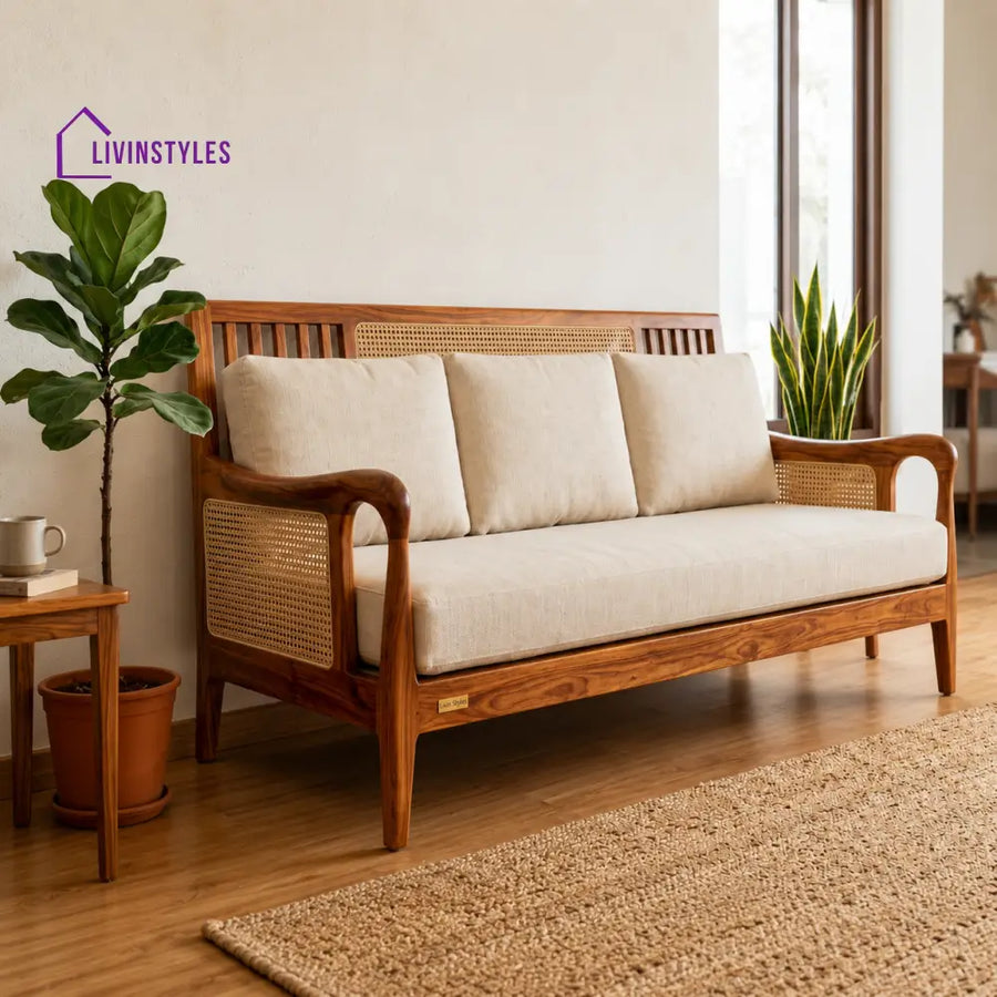 Navya Sheesham Wood and Cane Sofa for Living Room