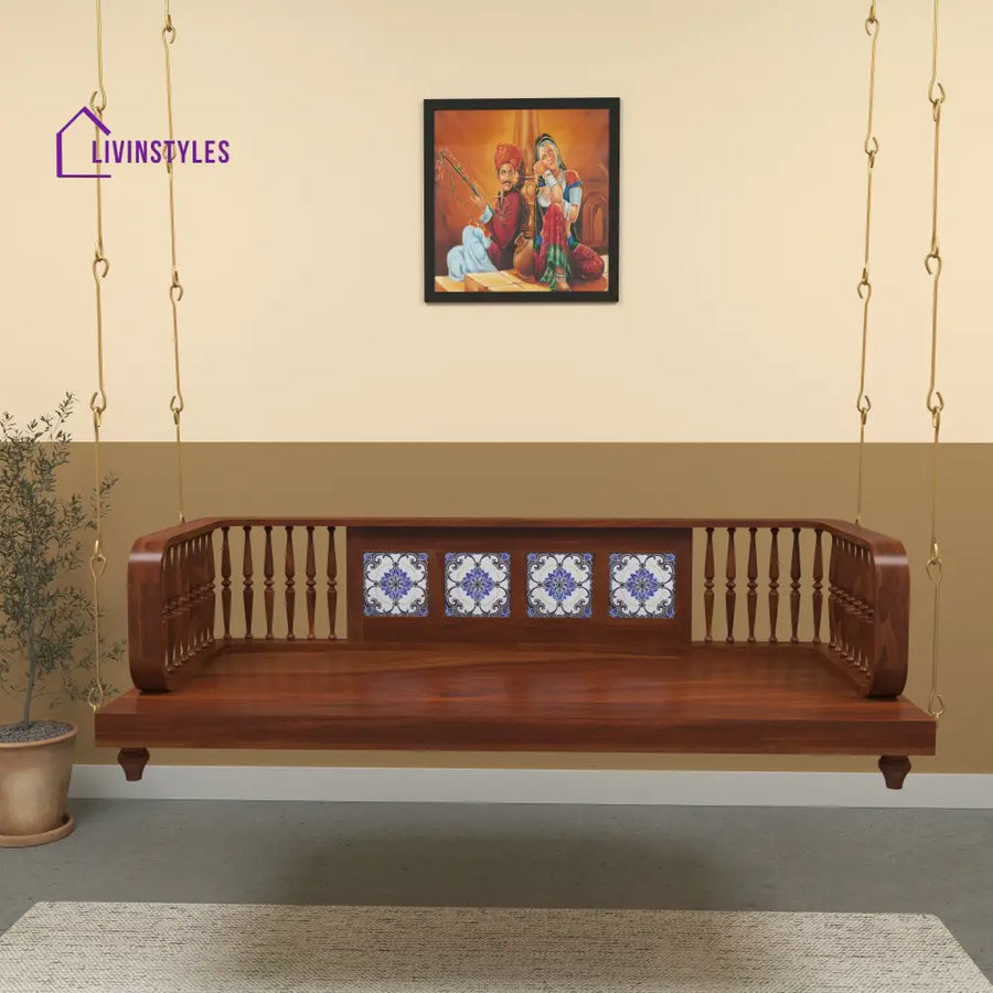 Navya Traditional Wooden Jhula Swing with Handcrafted Tile Inlay Swing