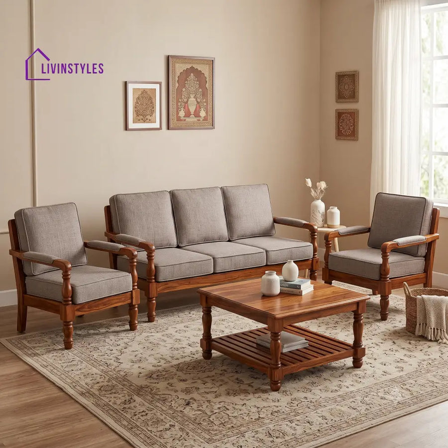 Navya Wooden Sofa Set | 3 + 1 + 1 Sheesham Wood Sofa Set for Living Room
