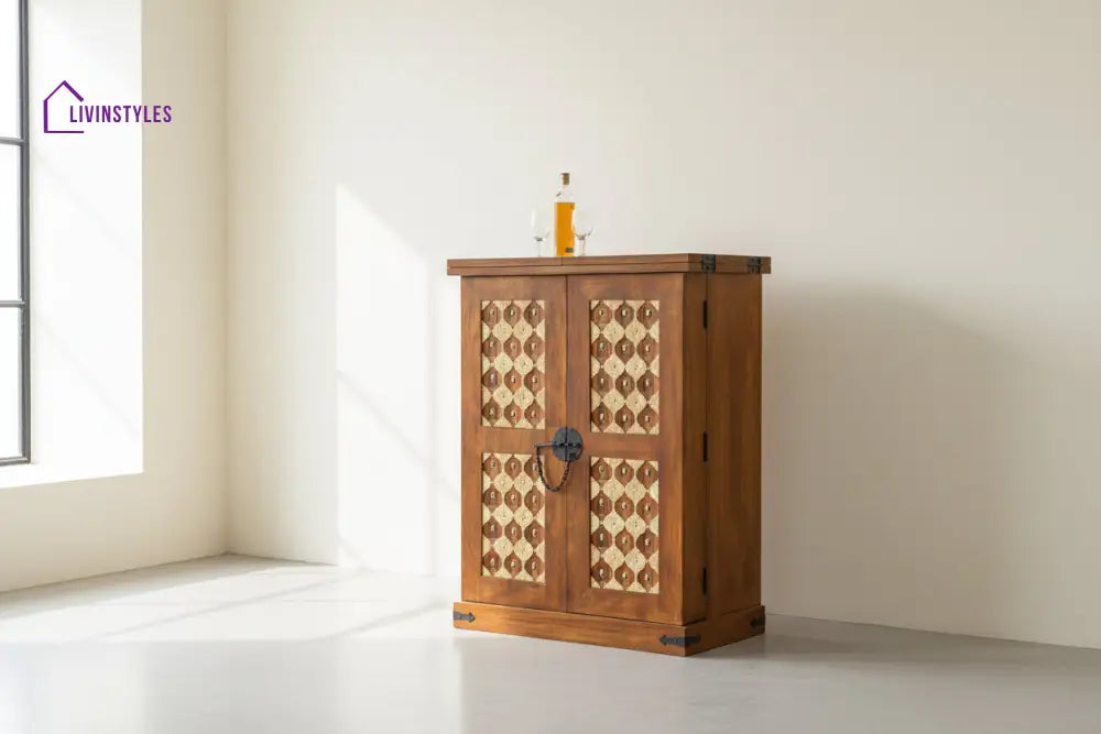 Nayeli Solid Wood Brass Royale Bar L 180 x D 50 x H 120 cm (Opened) L 90 x D 50 x H 123 cm (Compact) / Honey Bar