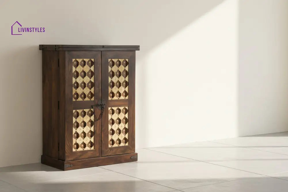 Nayeli Solid Wood Brass Royale Bar L 180 x D 50 x H 120 cm (Opened) L 90 x D 50 x H 123 cm (Compact) / Walnut Bar