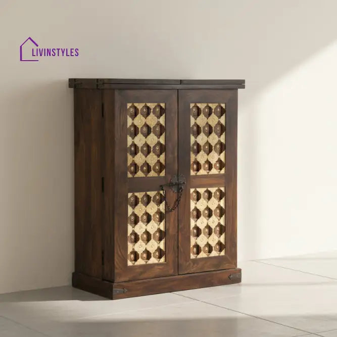 Nayeli Solid Wood Brass Royale Bar L 180 x D 50 x H 120 cm (Opened) L 90 x D 50 x H 123 cm (Compact) / Walnut Bar