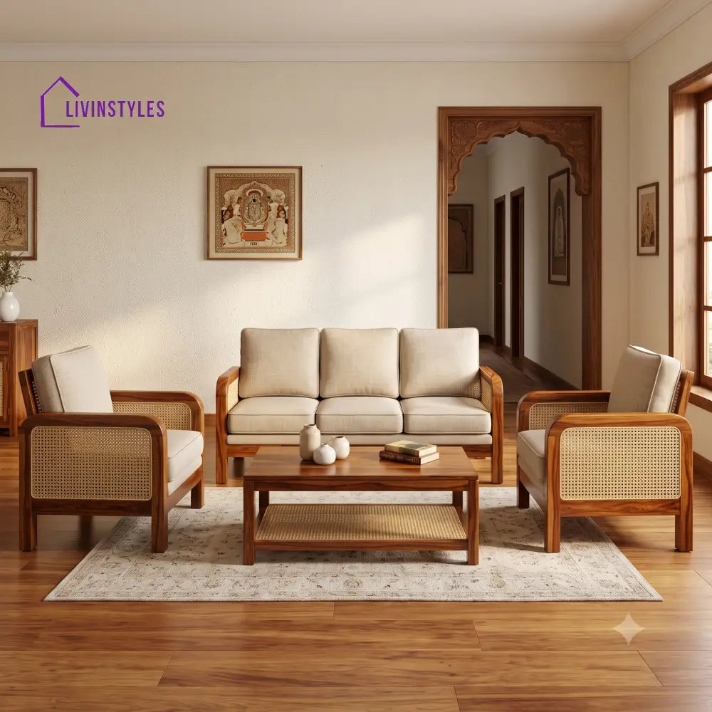 Neela Wooden Sofa Set | 3 + 1 + 1 Sheesham Wood Sofa Set for Living Room