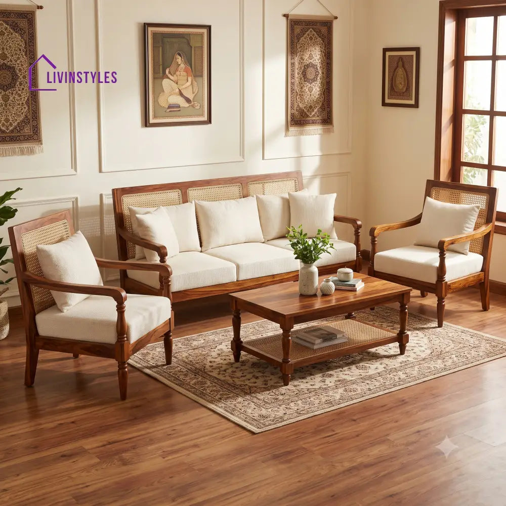 Neelaveni Wooden Sofa Set | 3 + 1 + 1 Sheesham Wood Sofa Set for Living Room