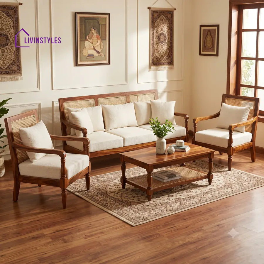 Neelaveni Wooden Sofa Set | 3 + 1 + 1 Sheesham Wood Sofa Set for Living Room