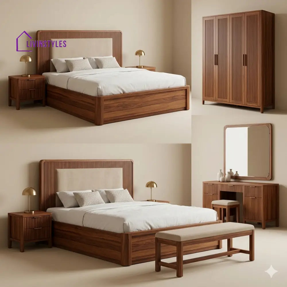 Neha Solid Sheesham Wood Bedroom Set with Bed Bedside Tables Bench Wardrobe & Dresser