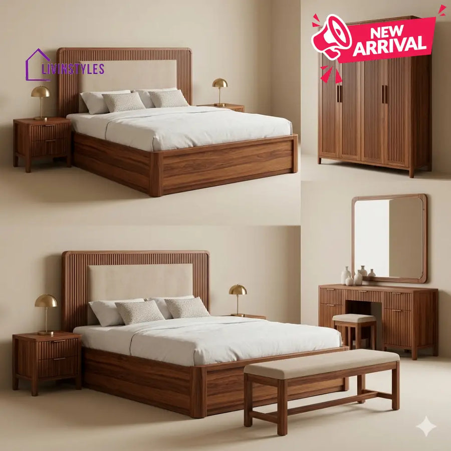 Neha Solid Sheesham Wood Bedroom Set with Bed Bedside Tables Bench Wardrobe & Dresser