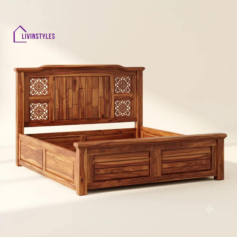 Nethra Sheesham Wood Bed With Box Storage | Wooden Bed