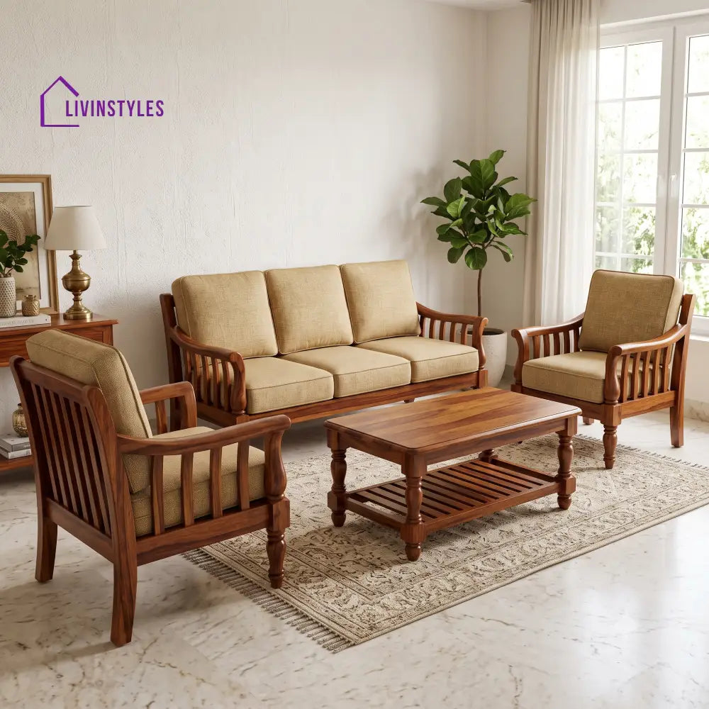 Nethra Wooden Sofa Set | 3 + 1 + 1 Sheesham Wood Sofa Set for Living Room