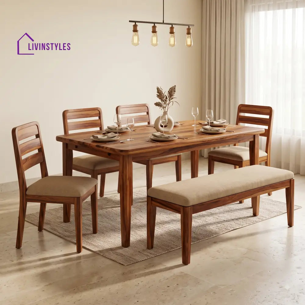 Ngozi Wooden 6 Seater Dining Table Set | 4 Chairs and 1 Bench | Table 72 X 36 X 30 Inch