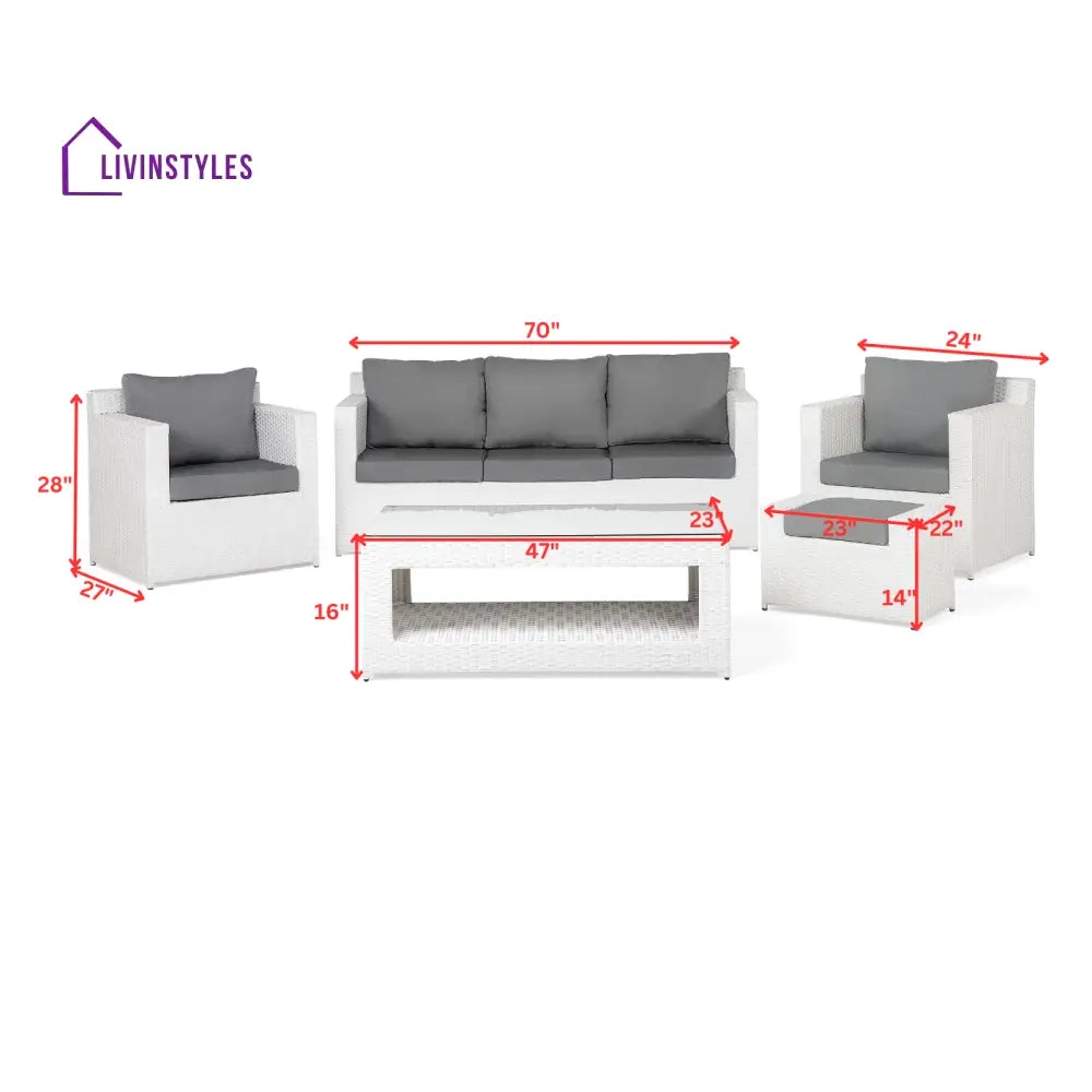 Nicholas Outdoor Sofa Set 3 Seater 2 Single seater With Ottoman and 1 Center Table Set (White) - Sofa Sets