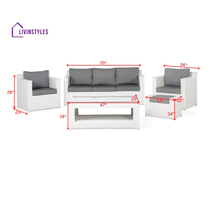 Nicholas Outdoor Sofa Set 3 Seater 2 Single seater With Ottoman and 1 Center Table Set (White) - Sofa Sets