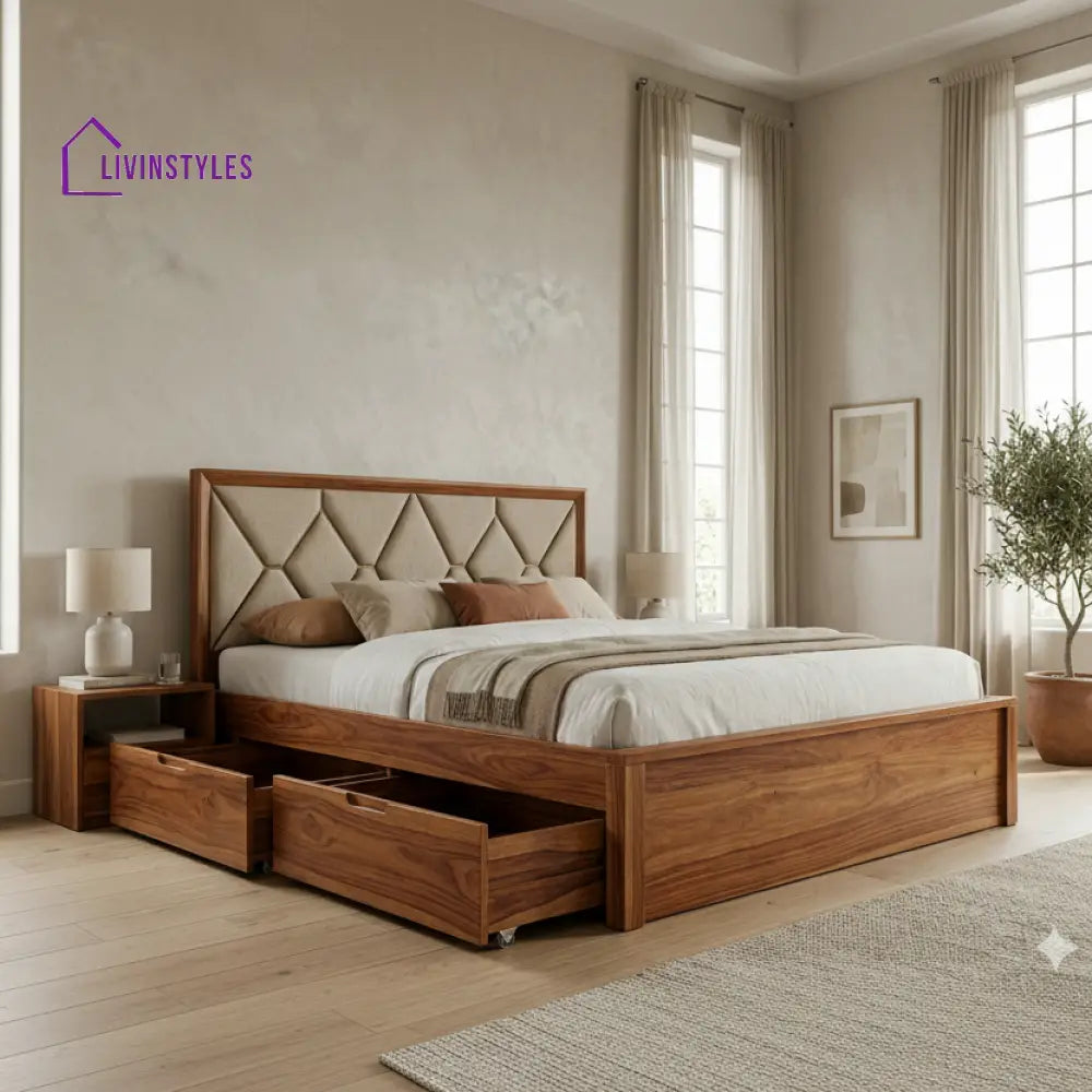 Nico Premium Sheesham Wood Bed with Fabric Headboard