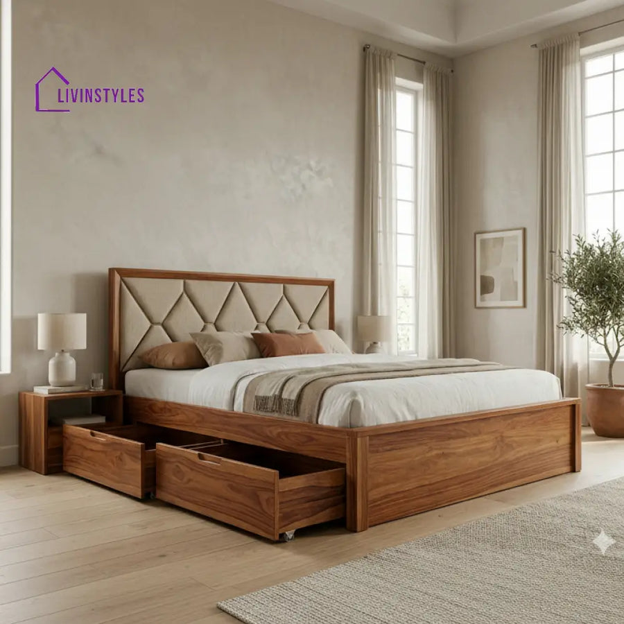 Nico Premium Sheesham Wood Bed with Fabric Headboard