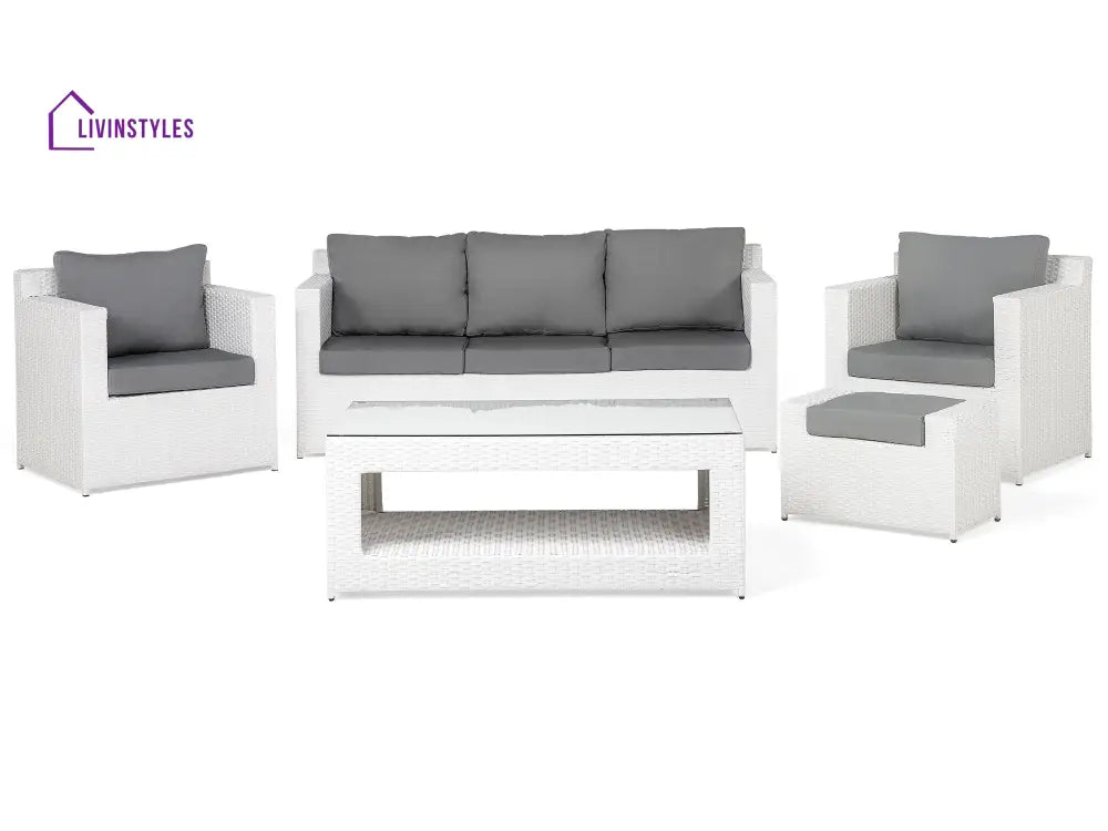 Nicobar Outdoor Sofa Set 3 Seater | 2 Single Seater With Ottoman And 1 Center Table (White) Sets