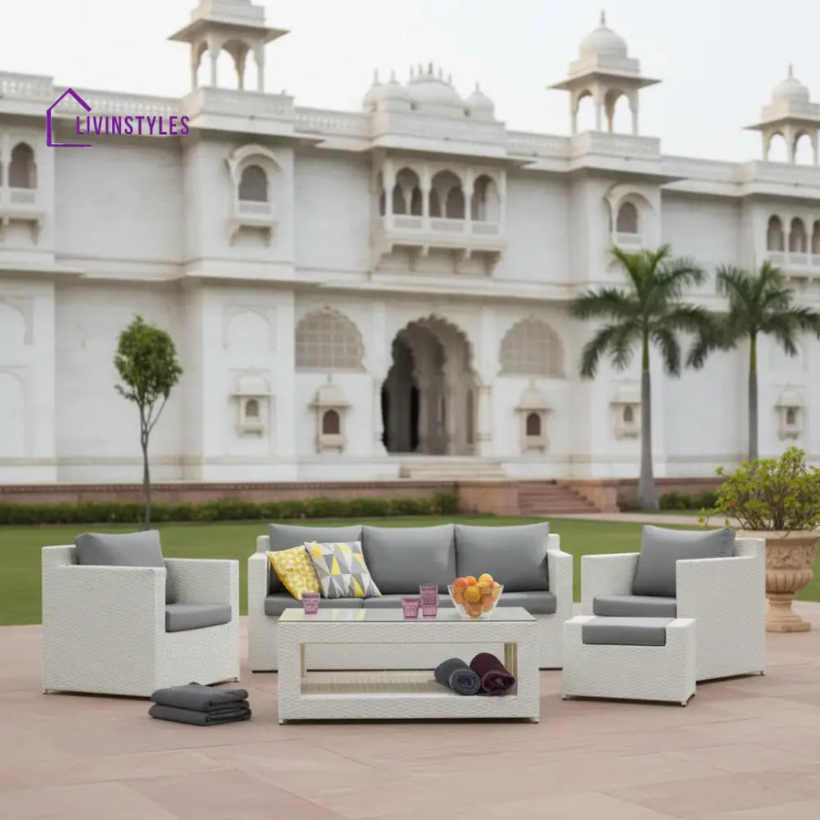 Nicobar Outdoor Sofa Set 3 Seater | 2 Single Seater With Ottoman And 1 Center Table (White) Sets