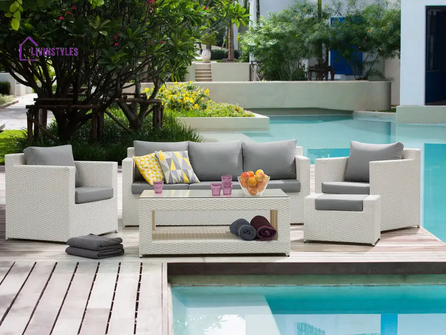 Nicobar Outdoor Sofa Set 3 Seater | 2 Single Seater With Ottoman And 1 Center Table (White) Sets