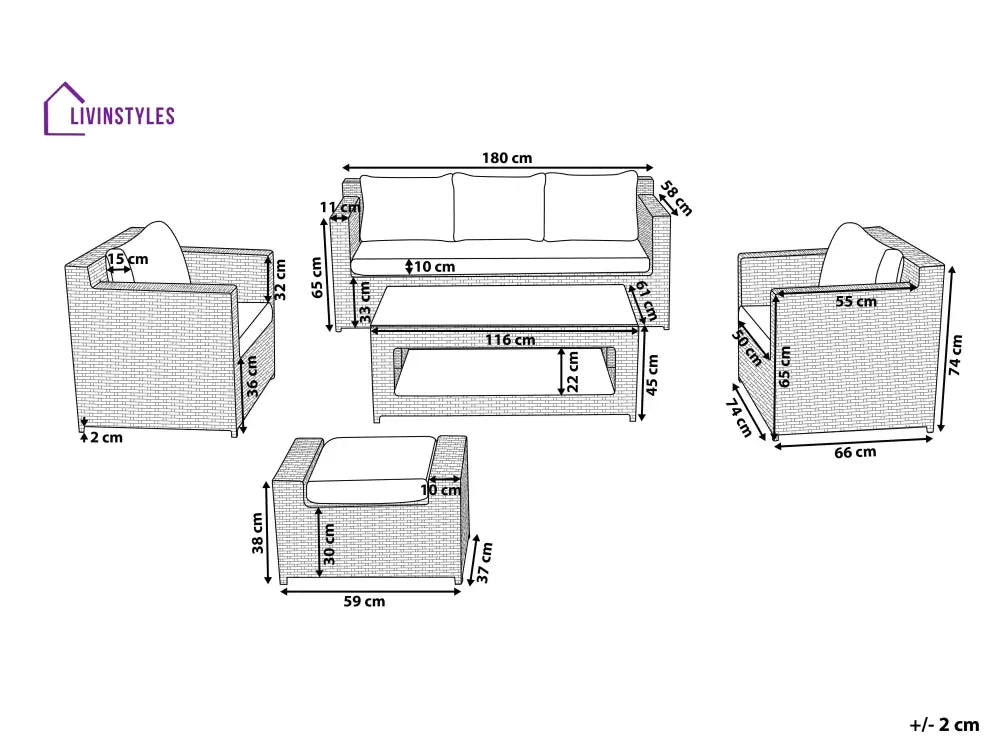Nicobar Outdoor Sofa Set 3 Seater | 2 Single Seater With Ottoman And 1 Center Table (White) Sets