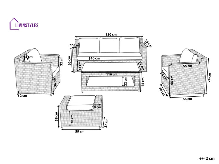 Nicobar Outdoor Sofa Set 3 Seater | 2 Single Seater With Ottoman And 1 Center Table (White) Sets