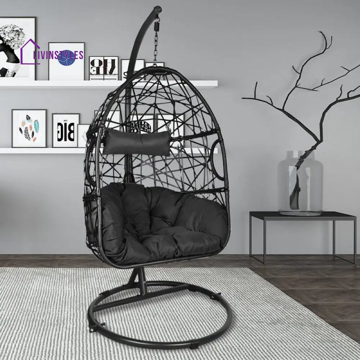 Nicomedo Single Seater Hanging Swing With Stand For Balcony Garden Swing (Black) - Swings