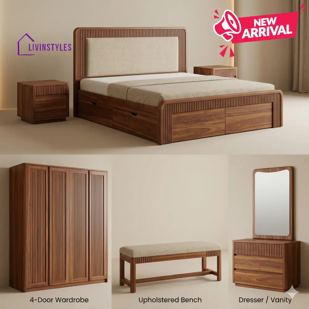 Nidhi Solid Sheesham Wood Bedroom Set with Bed Bedside Tables Bench Wardrobe & Dresser