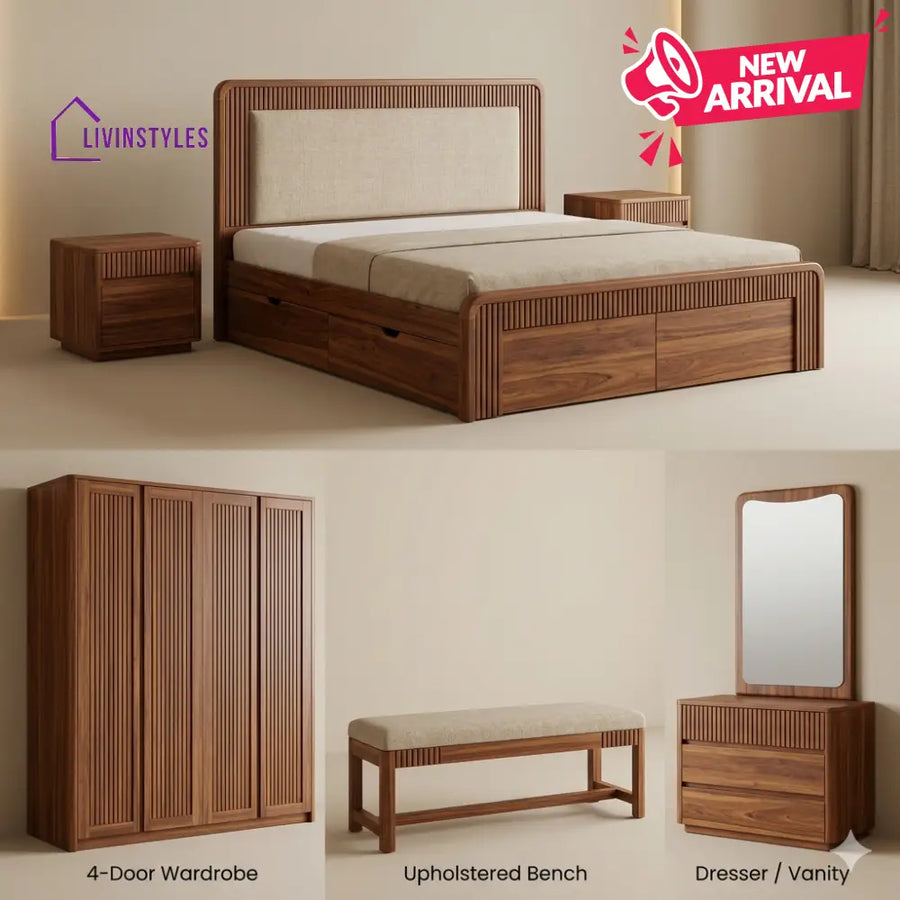 Nidhi Solid Sheesham Wood Bedroom Set with Bed Bedside Tables Bench Wardrobe & Dresser