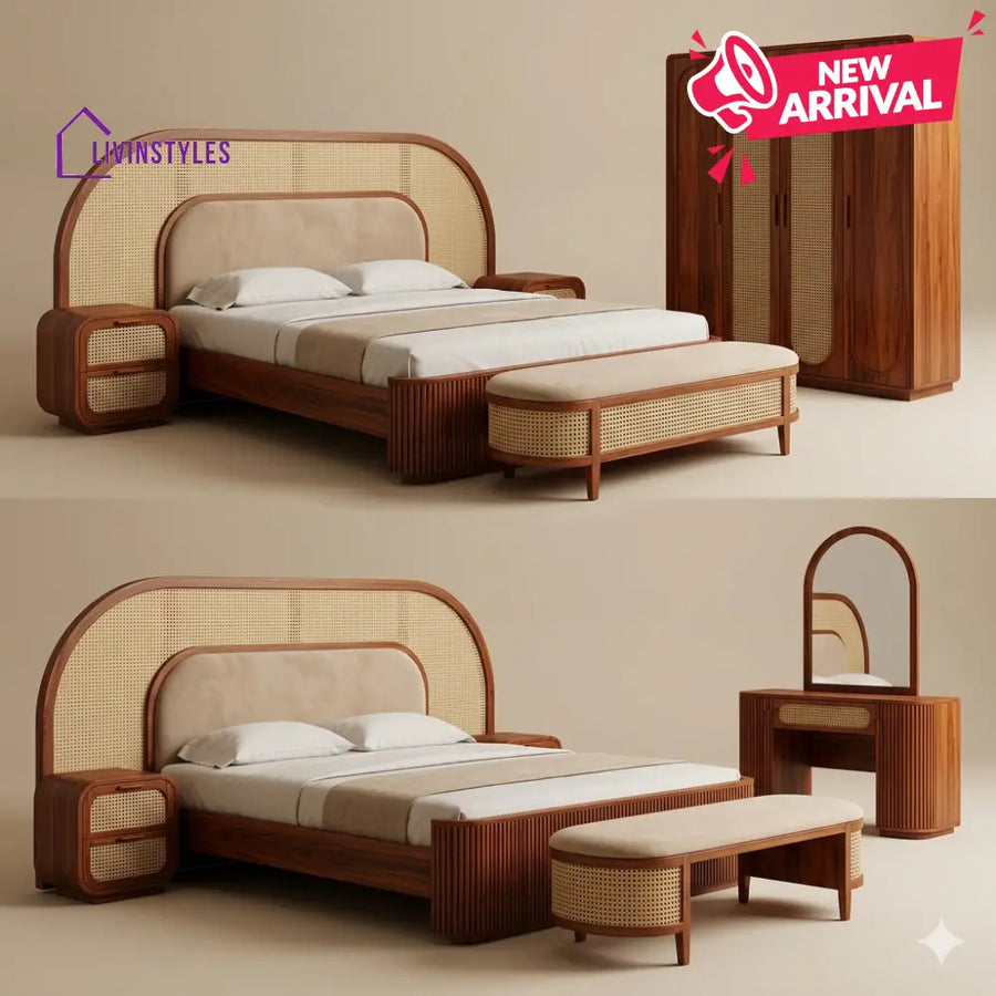 Nidhi Solid Sheesham Wood Bedroom Set with Bed Bedside Tables Bench Wardrobe & Dresser