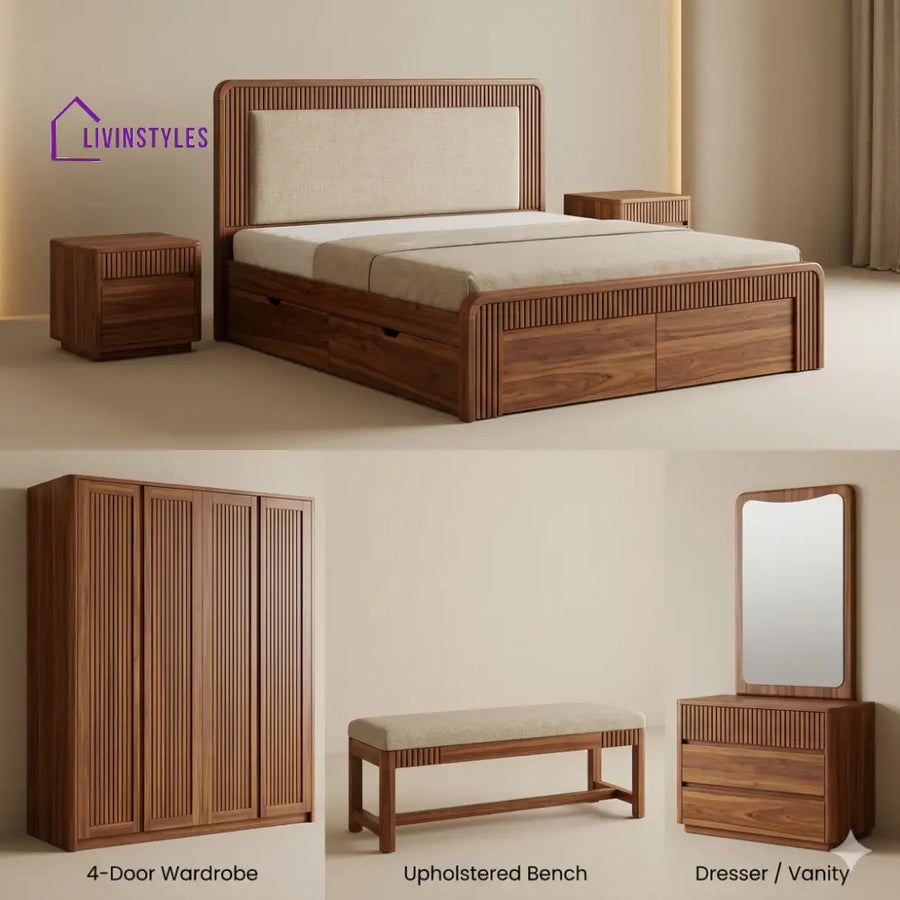 Nidhi Solid Sheesham Wood Bedroom Set with Bed Bedside Tables Bench Wardrobe & Dresser
