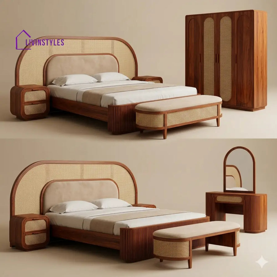 Nidhi Solid Sheesham Wood Bedroom Set with Bed Bedside Tables Bench Wardrobe & Dresser