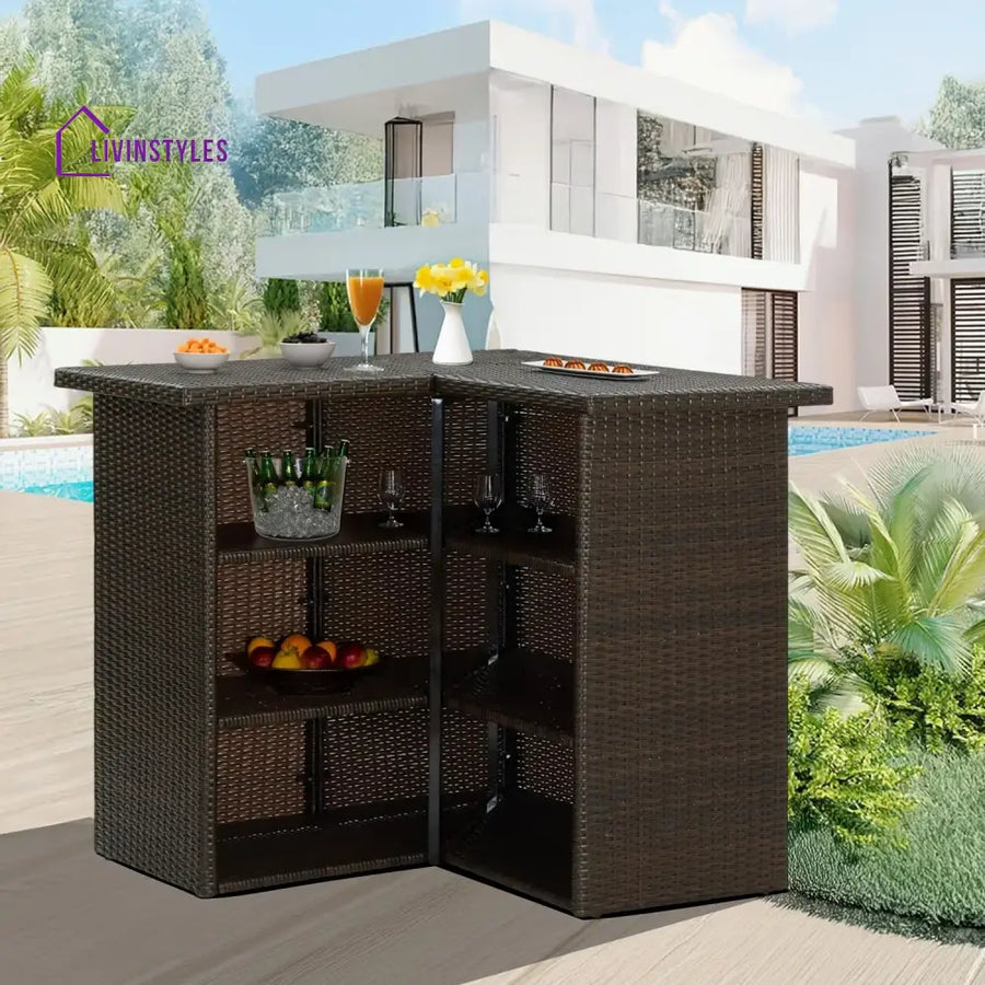 Nieves Outdoor Rattan Wicker Bar Table With Storage Selves - Bar Table