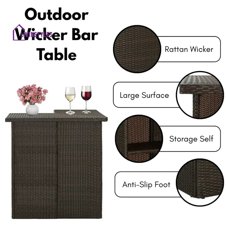 Nieves Outdoor Rattan Wicker Bar Table With Storage Selves - Bar Table