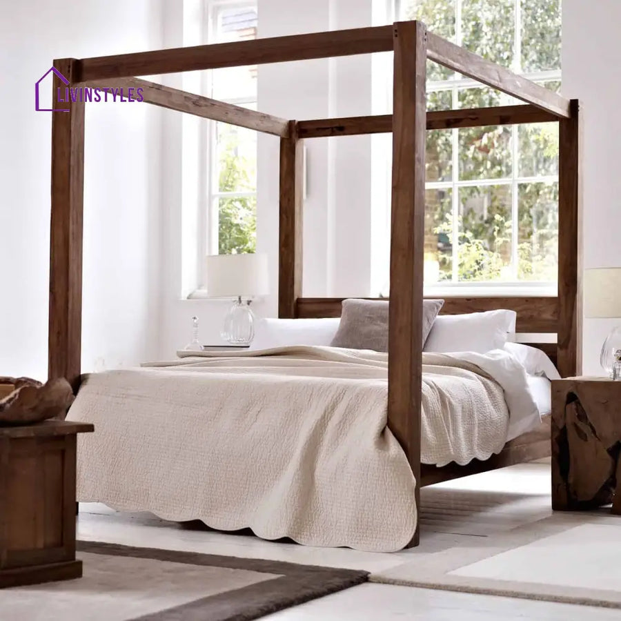 Nieves Solid Sheesham Wood Poster Bed King Size:(Inner Size - 6 ft Wide x 6.5 ft Long) / Natural Bed