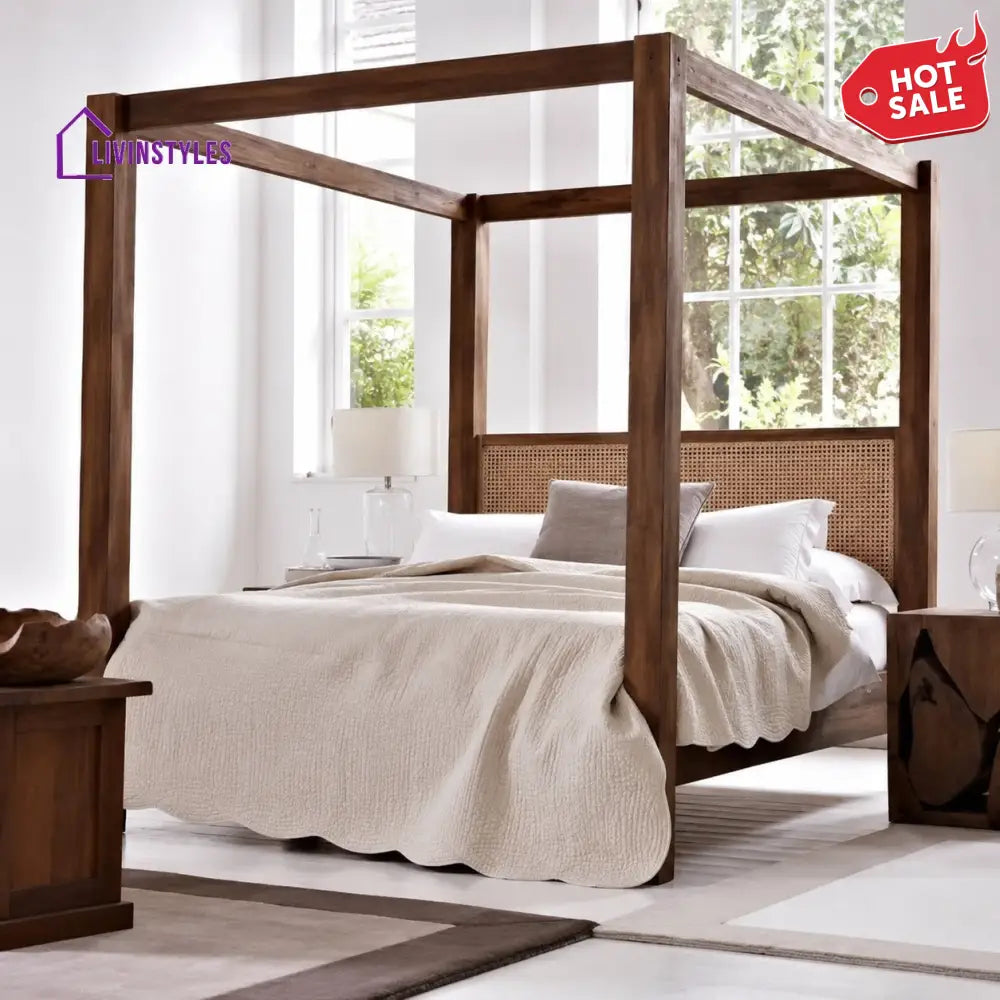 Nieves Solid Sheesham Wood Poster Bed with Cane Headboard - Bed