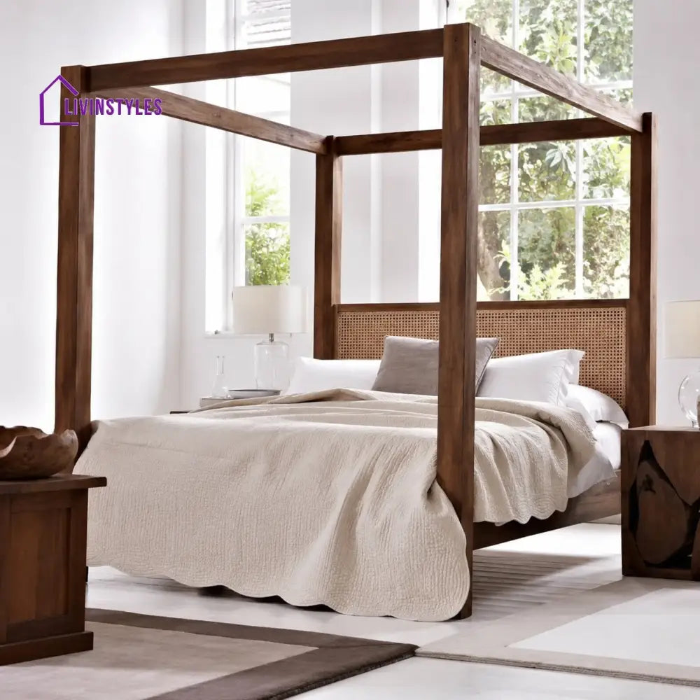 Nieves Solid Sheesham Wood Poster Bed with Cane Headboard - Bed