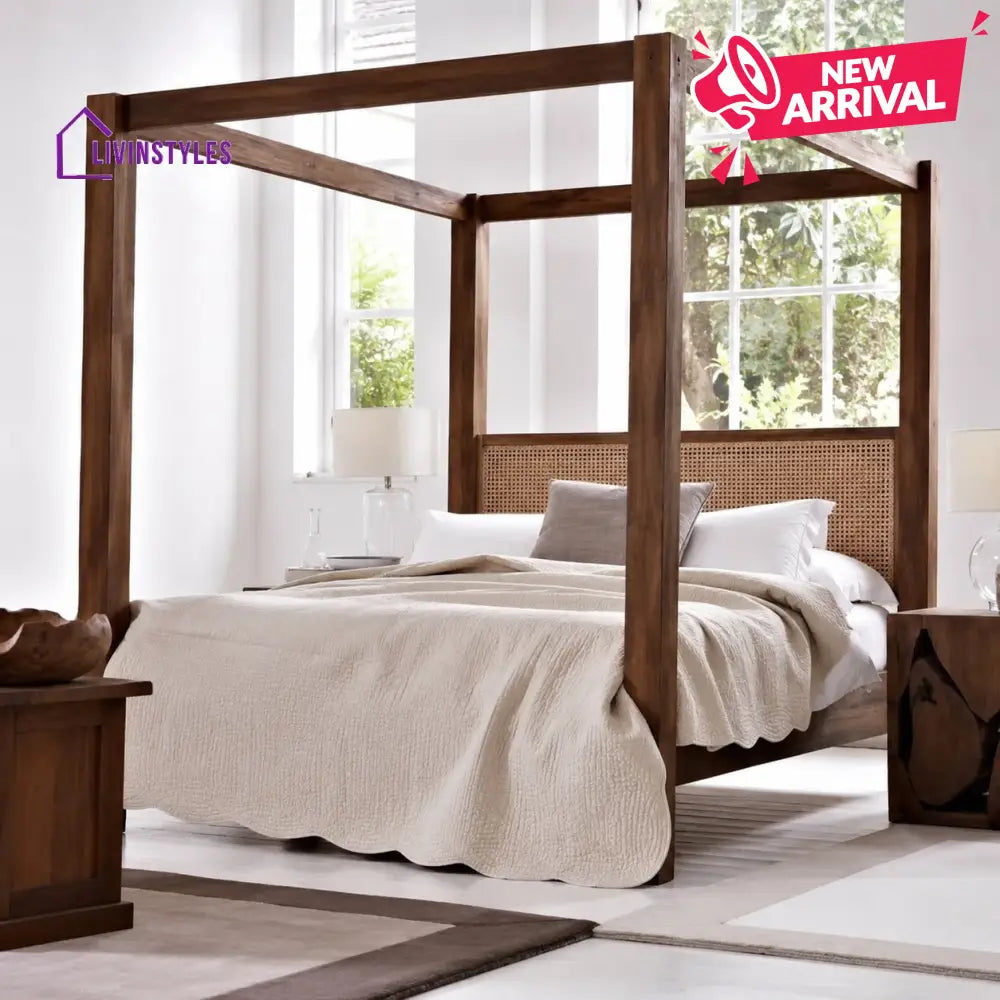 Nieves Solid Sheesham Wood Poster Bed with Cane Headboard - Bed