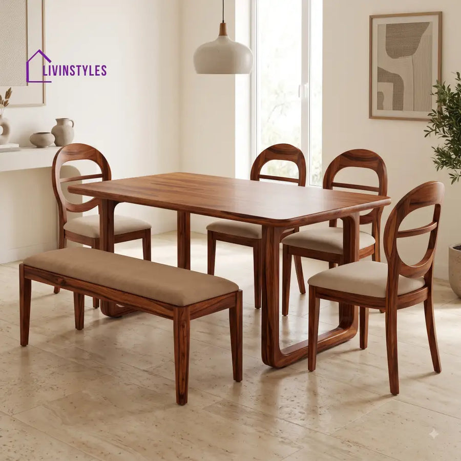Nifemi Wooden 6 Seater Dining Table Set | 4 Chairs and 1 Bench | Table 72 X 36 X 30 Inch