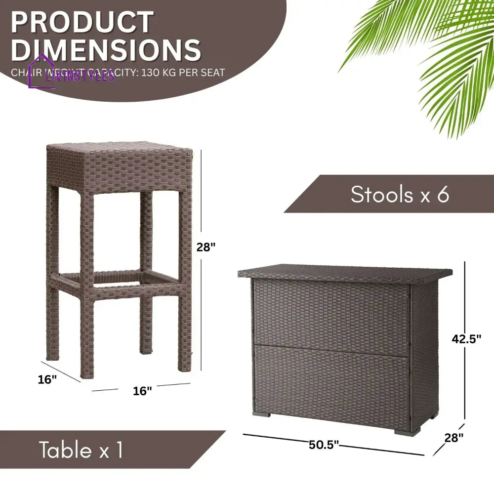 Niharika 7-Piece Outdoor Rattan Wicker Bar Set with Wicker Top Table - Bar Set
