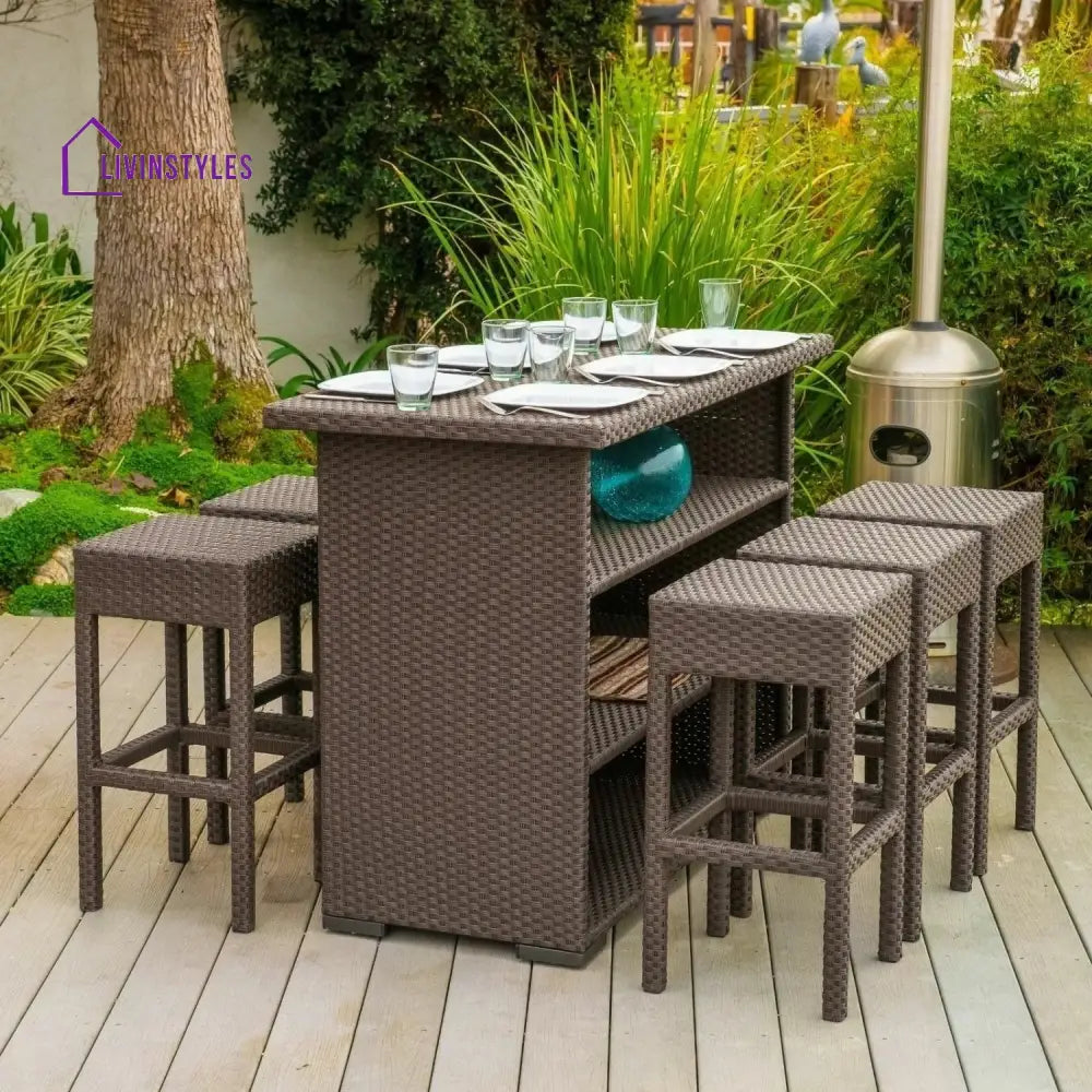 Niharika 7-Piece Outdoor Rattan Wicker Bar Set with Wicker Top Table - Bar Set