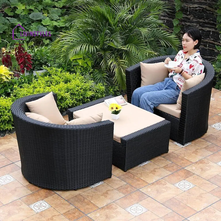 Nikhil 3 Piece Wicker Outdoor Patio Set With Table (Dark Brown & Cream)