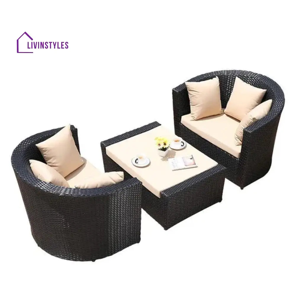 Nikhil 3 Piece Wicker Outdoor Patio Set With Table (Dark Brown & Cream)