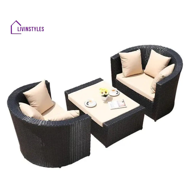 Nikhil 3 Piece Wicker Outdoor Patio Set With Table (Dark Brown & Cream)