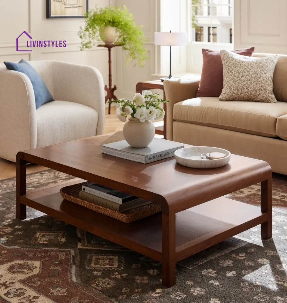 Nikhil Solid Sheesham Wood Coffee Table with Open Shelf Storage for Living Room | Natural Walnut Finish | Rectangular