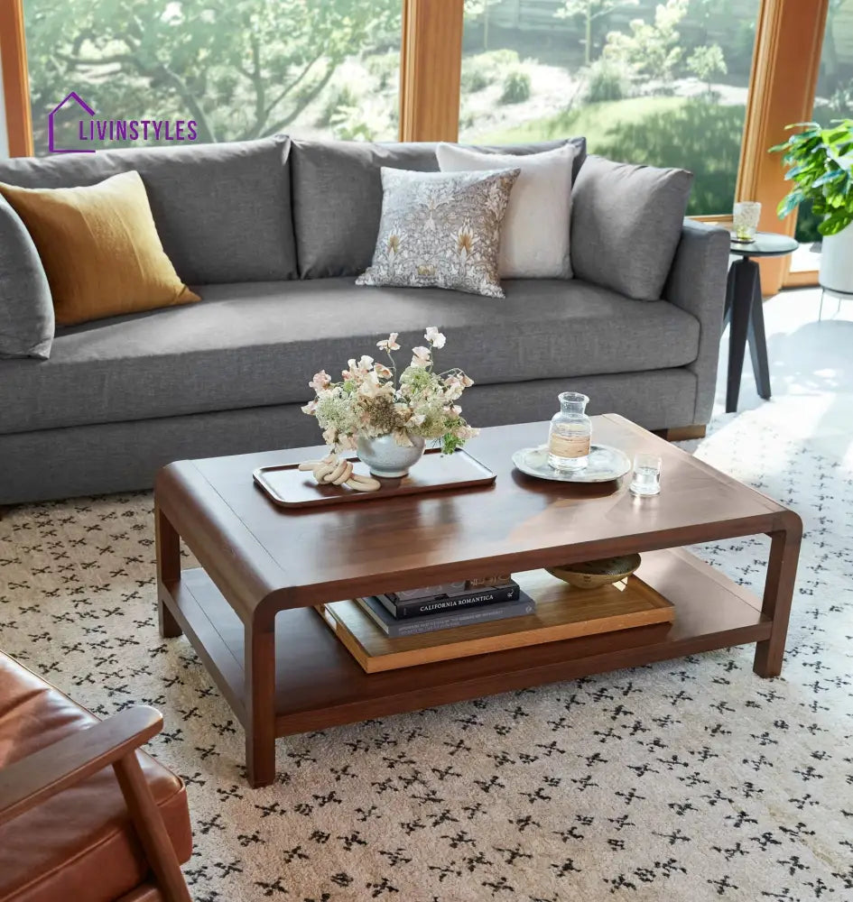 Nikhil Solid Sheesham Wood Coffee Table with Open Shelf Storage for Living Room | Natural Walnut Finish | Rectangular