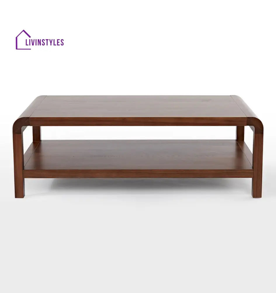 Nikhil Solid Sheesham Wood Coffee Table with Open Shelf Storage for Living Room | Natural Walnut Finish | Rectangular