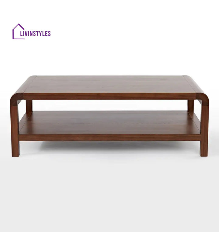 Nikhil Solid Sheesham Wood Coffee Table with Open Shelf Storage for Living Room | Natural Walnut Finish | Rectangular