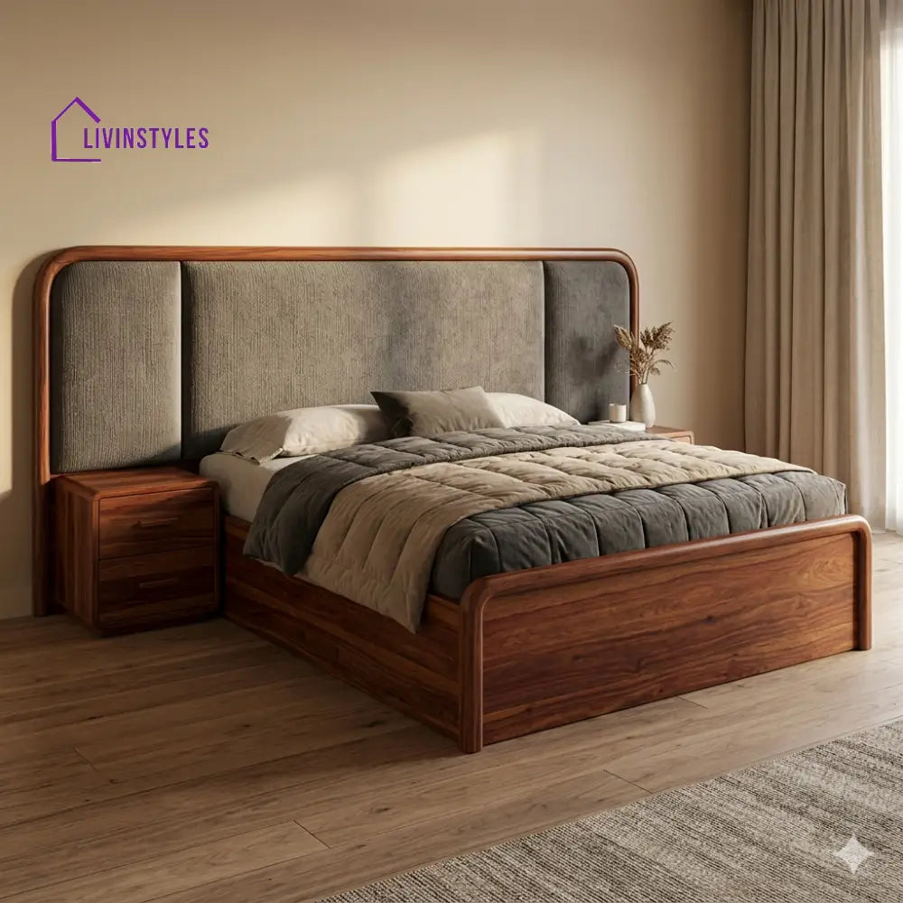 Nikolai Premium Sheesham Wood Bed with Velvet Headboard