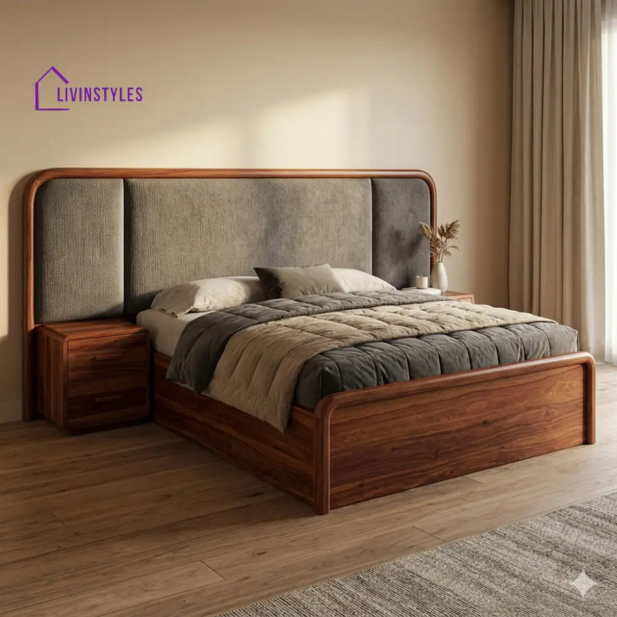 Nikolai Premium Sheesham Wood Bed with Velvet Headboard