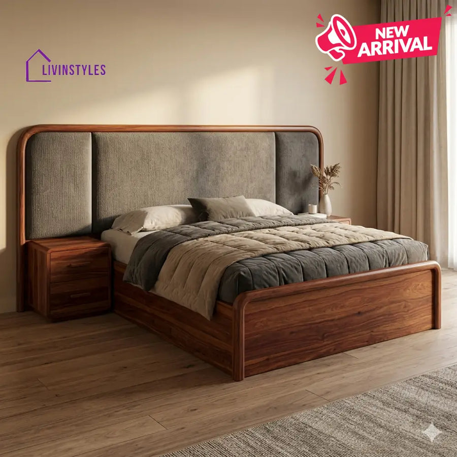 Nikolai Premium Sheesham Wood Bed with Velvet Headboard